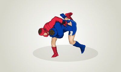 Combat sambo. Two athletes are fighting. Blue red colors of sambo wrestling.