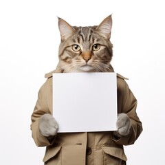 Portrait cute cat holding a paper blank - space for text