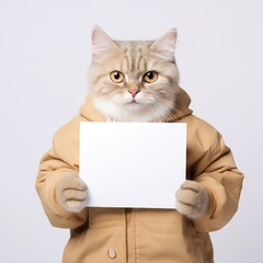 Portrait cute cat holding a paper blank - space for text