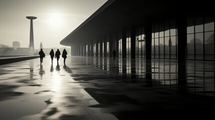 Silhouetted Figures Walking in Modern Architecture Corridor at Sunset