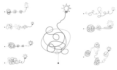 Complex messy connected lines as concept of chaos solving. Process of problem simplifying in mind. カオス解決の概念としての複雑で乱雑な接続線。 問題のプロセスを念頭に置いて単純化します。
