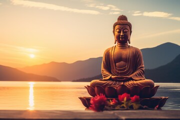 Buddha statue on the edge of the lake at sunset, Buddha statue in the sunset, AI Generated