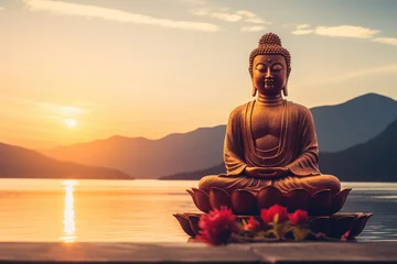 Tuinposter Buddha statue on the edge of the lake at sunset, Buddha statue in the sunset, AI Generated © Ifti Digital