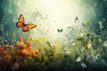 Fototapeta na wymiar Butterfly and flowers in the meadow. Spring nature background, Biological and science background, AI Generated