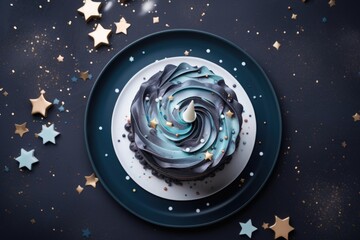 Cupcake with blue buttercream frosting and star confetti on dark background, Birthday cake with wishing card celebration party, top view, AI Generated - obrazy, fototapety, plakaty