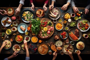 Top view of group of friends sitting at wooden table and eating healthy food, Brunch choice crowd...
