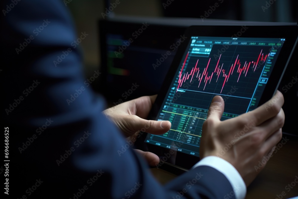 Wall mural Close up of businessman hands using tablet computer. Stock market concept, Businessman's hand close up using a tablet with a stock market graph and chart on the screen, AI Generated