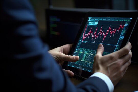 Close up of businessman hands using tablet computer. Stock market concept, Businessman's hand close up using a tablet with a stock market graph and chart on the screen, AI Generated