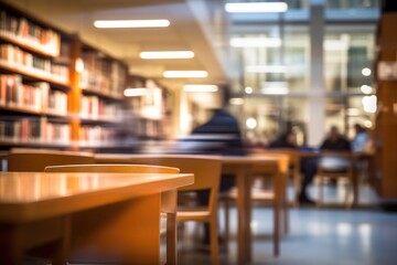 Blurred image of library with bookshelf and people in background, Blurry college library,...