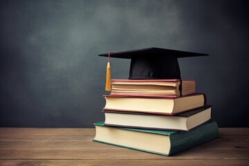 Graduation cap on stack of books on wooden table over blackboard background, Book stack with a graduation hat on top of the books with lots of empty space, AI Generated - obrazy, fototapety, plakaty