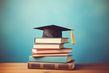 Graduation cap and stack of books on wooden table over blue background, Book stack with a graduation hat on top of the books with lots of empty space, AI Generated - obrazy, fototapety, plakaty