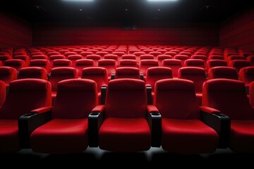 Empty cinema auditorium with rows of red seats. 3d render, Bright empty red seats in cinema rows, AI Generated