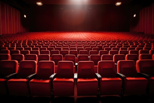 Movie or theater auditorium with red seats and spotlight. Cinema background, Bright empty red seats in cinema rows, AI Generated
