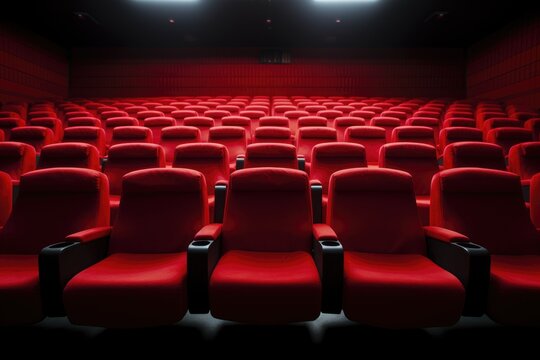 Empty cinema auditorium with rows of red seats. 3d render, Bright empty red seats in cinema rows, AI Generated