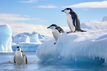Fototapeta premium Gentoo penguins and chick on ice floe in Antarctica, Chinstrap penguins, Pygoscelis antarctica, on an iceberg off the South Shetland Islands, AI Generated