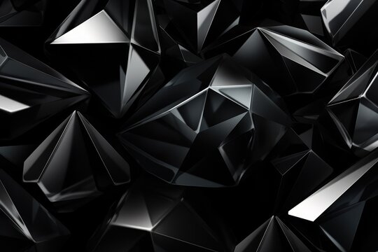 3d render of abstract geometric background with polygonal shapes in black, Black and gray background with crystals and triangles in a 3D illustration, AI Generated
