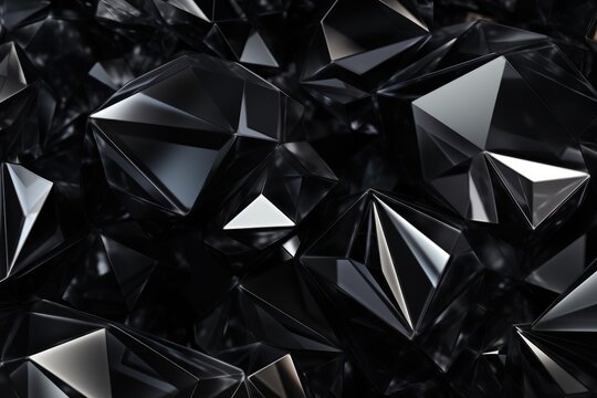 Abstract 3d rendering of chaotic polygonal shapes. Futuristic background with low poly shape, Black and gray background with crystals and triangles in a 3D illustration, AI Generated - Powered by Adobe