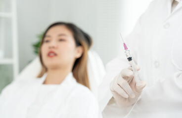 Cosmetic surgery, skin whitening injection, filler injection, Skin reface, beautiful Asian girls receive beauty treatments at beauty clinic, skincare, pore rejuvenation, wrinkle, baby face