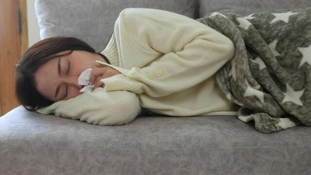Attractive young woman wrapped in warm blanket, sits on comfortable sofa at home, blowing her nose in disposable tissue. Allergy to dust, animal dander, cold, or viral infection
