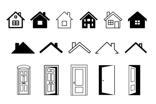 Set of house, roof and door icons. Suburban real estate, sign of house with pipe in the outline style. Vector silhouette of building isolated on white