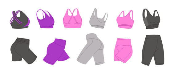 Female fitness clothing vector set. Bras and cycling shorts. Woman's sports clothes flat design. Isolated illustrations on a white background. Ideal for design sports content, stickers and print.