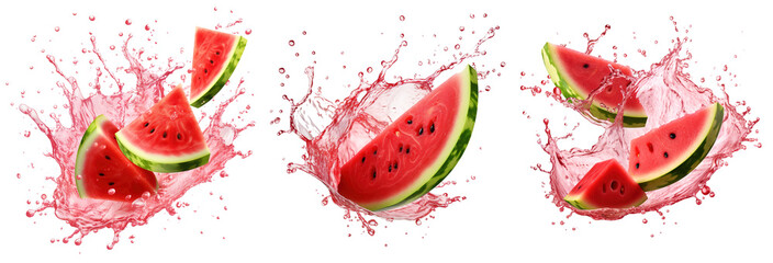 Vivid watermelon juice splash against a transparent background, capturing the dynamic swirls and drops of a refreshing summer drink in stunning detail
