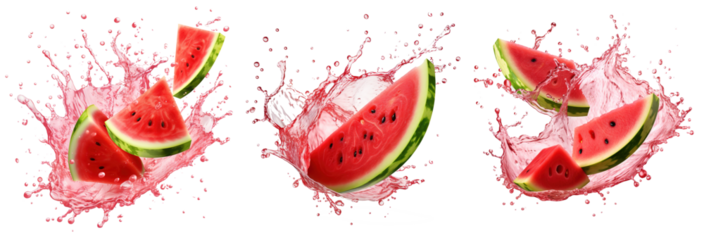 Vivid watermelon juice splash against a transparent background, capturing the dynamic swirls and drops of a refreshing summer drink in stunning detail
