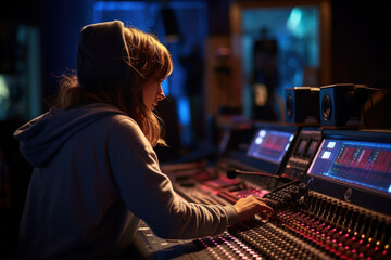 A woman works behind a professional mixing board in a recording studio