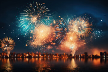 Fototapeta na wymiar Firework explosion in the night sky celebrating happy new year 2024