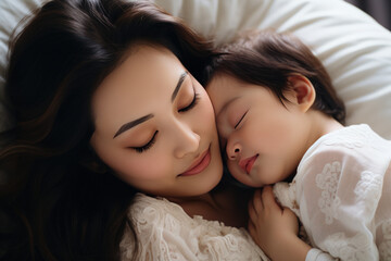 Fototapeta na wymiar A beautiful young Mother kissing a healthy baby sleeping in bed