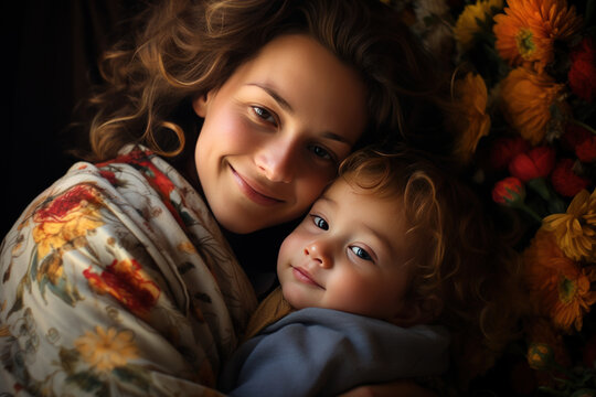 Bright image of a happy mother holding a sleeping baby in her hands