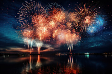 Fototapeta premium Firework explosion in the night sky celebrating happy new year 2024