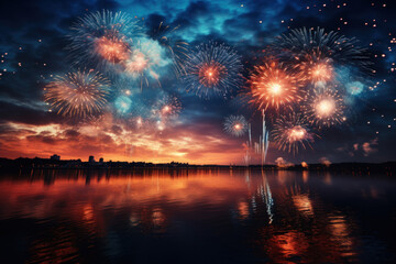 Firework explosion in the night sky celebrating happy new year 2024