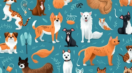 Seamless pattern with cute cartoon dogs and cats. Veterinary medicine. Generative AI