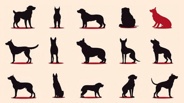 Set of silhouettes of dogs in different poses. Illustration. Veterinary medicine. Generative AI