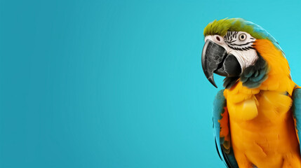 Colorful macaw parrot on a blue background with copy space. Horizontal banner. Veterinary medicine. Generative AI