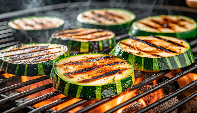Close-up shot of grilled zucchini sizzling on the grill