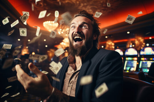 Lucky man wins big jackpot from gambling in casino with luck concept