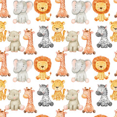 Seamless pattern with cute sitting giraffe, cheetah and elephant on white. Endless watercolor...