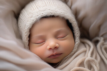 Fototapeta na wymiar Face of Newborn Baby sleeping over Fluffy. Cute New Born Kid relax.