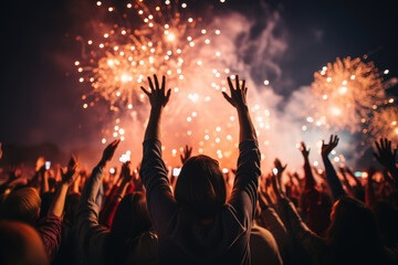 Fototapeta premium People raised their hands to express their joy in celebrating the New Year. 2024 In the background are fireworks