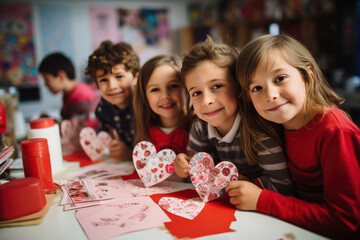School kids happy making DIY Valentine's cards in classroom look at camera - obrazy, fototapety, plakaty