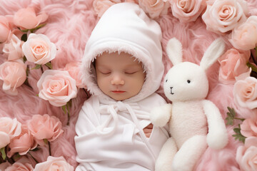 Newborn Baby sleeping over Fluffy pink Blanket. Adorable Child in Pink Bodysuit dreaming over rose pink Furry Carpet. Cute Newborn Kid in rabbit doll suit relax