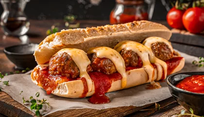 Photo sur Plexiglas Snack close-up shot of meatball sub sandwich with melted cheese and marinara tomato sauce
