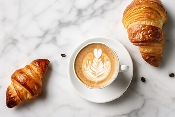 Cup of cappuccino and croissant, AI generated - obrazy, fototapety, plakaty