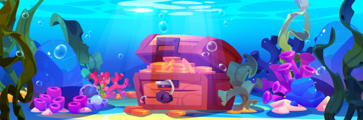Old treasure chest with money on sea bottom. Vector cartoon illustration of ancient wooden box of golden coins, seaweeds, pearl shell, coral reef, air bubbles under water, adventure game background
