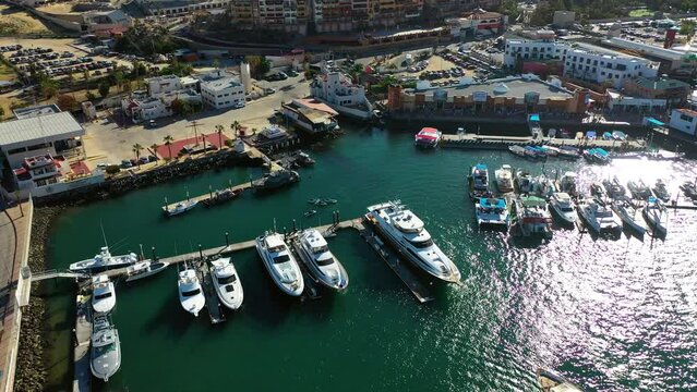 Aerial view over boats parked at the Marina Mazatl&aacute;n, sunny day in Sinaloa, USA