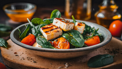 close-up shot of healthy salad with orange tomatoes, fresh spinach, grilled halloumi cheese, honey and olive oil sauce with spices