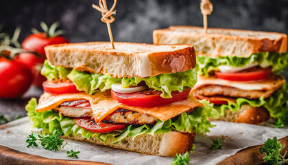 close-up shot of stacked healthy sandwiches include with tomatoes, vegetables and turkey BLT - obrazy, fototapety, plakaty