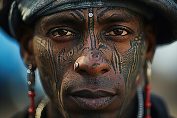 Portrait of an African American adult man with a tattoo on his face and with piercings outdoors